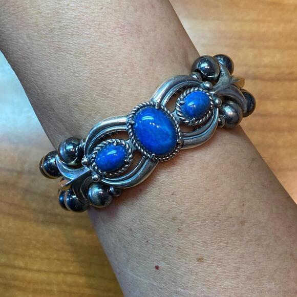 Carolyn Pollack Sterling Navajo Pearl Bead 3 Denim Lapis Link Bracelet For Women - Picture 2 of 10